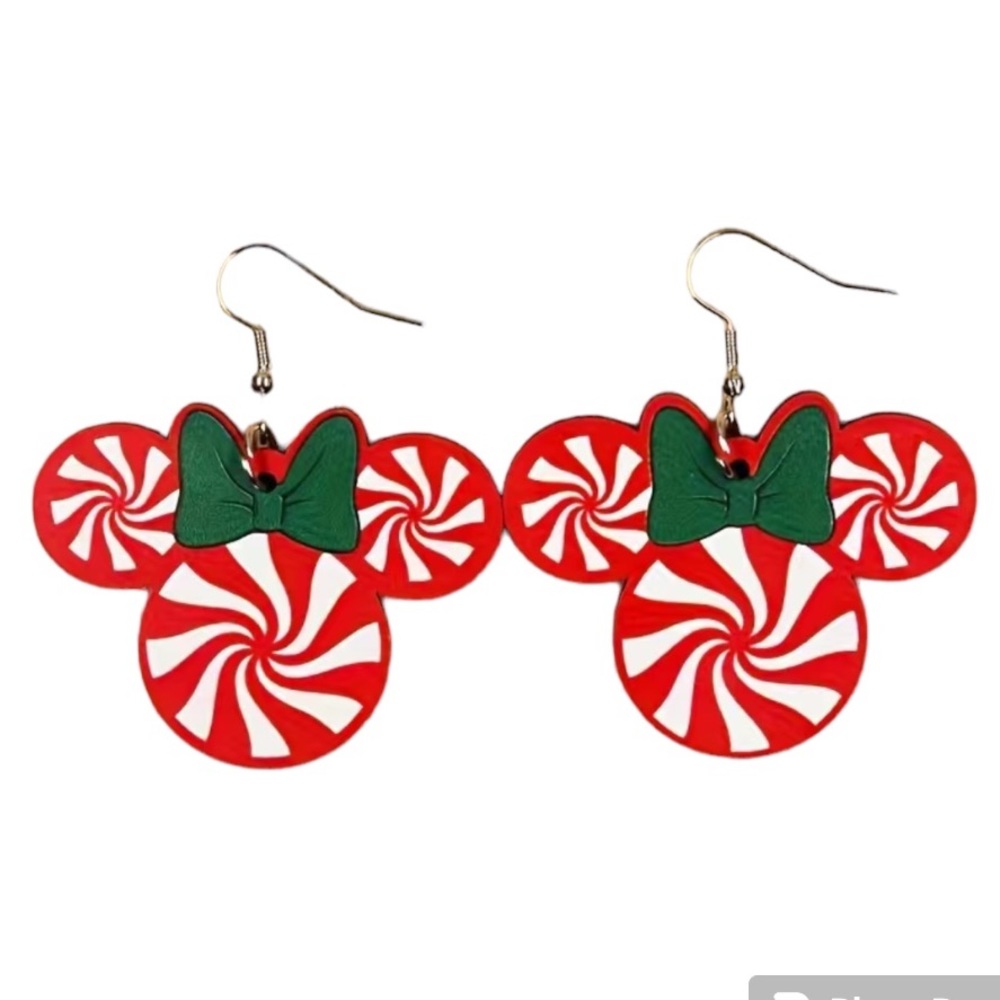 NWT Cute Red Green & White Candy Cane Minnie Mouse Christmas Dangle Earrings